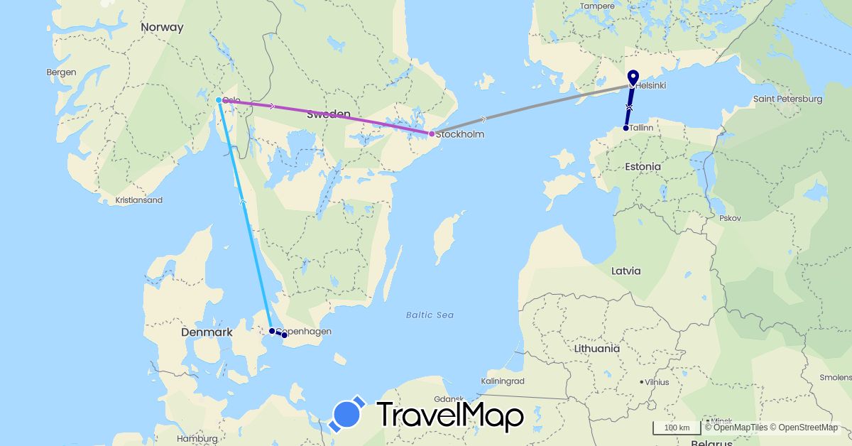 TravelMap itinerary: driving, plane, train, boat in Denmark, Estonia, Finland, Norway, Sweden (Europe)
